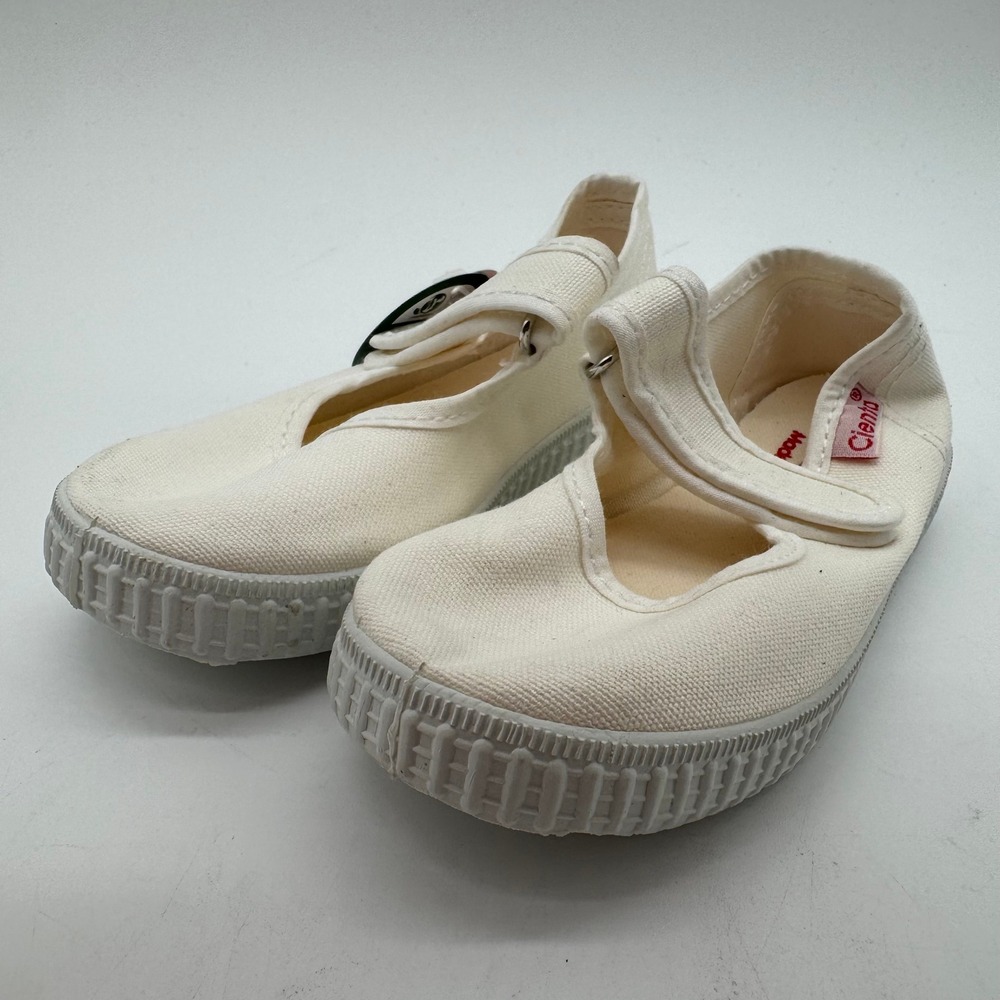Cienta Kids Mary Jane Shoes US Size 8 White Canvas Hook & Loop Made in Spain